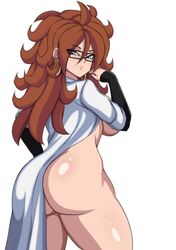 android_21 ass barely_clothed blue_eyes bottomless breasts brown_hair darwaarts detached_sleeves dragon_ball dragon_ball_fighterz earrings female female_focus functionally_nude glasses highres huge_ass jewelry lab_coat large_breasts long_hair looking_back no_bra solo thick_thighs thighs rating:Explicit score:107 user:Kolynos