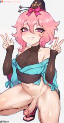 1boy bottomless chitose_(dragalia_lost) double_peace_sign double_v dragalia_lost erection femboy girly jtveemo male male_only muscular_thighs nipples pelvic_curtain penis pink_hair sheer_clothing simple_background small_breasts sweat thighs trap v rating:Explicit score:469 user:metalizer