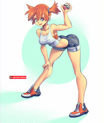 1girls alternate_breast_size alternate_outfit ass bent_over blue_eyes breasts cleavage clothed eye_contact female human human_only kasumi_(pokemon) looking_at_viewer misty_(pokemon) misty_(pokemon_lgpe) nintendo pokemon pokemon_lgpe pokemon_rgby pose shirt shoes shorts solo supersatanson tank_top text watermark rating:Safe score:96 user:anizawa