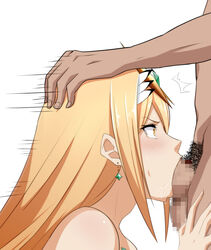 1boy 1girls blonde_hair blush censored dark-skinned_male dark_skin deepthroat earrings eruu eruu_(eruuman) fellatio from_side head_grab highres hikari_(xenoblade_2) irrumatio jewelry long_hair lower_body male_pubic_hair mosaic_censoring mythra nintendo nude oral penis profile pubic_hair saliva sex sidelocks speed_lines straight tears testicles tiara upper_body v-shaped_eyebrows white_background wide-eyed xenoblade_(series) xenoblade_chronicles_2 yellow_eyes rating:Explicit score:167 user:bot