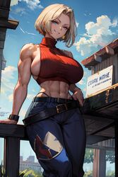 1girls abs ai_generated belt big_breasts blonde_hair blue_eyes blue_mary breasts from_below grin jeans king_of_fighters large_breasts looking_at_viewer looking_down muscular_female outdoors outside short_hair sideboob sky sleeveless_turtleneck smug_grin snk stable_diffusion tampopo toned_female turtleneck whale_tail rating:Questionable score:67 user:Tampopo