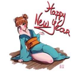  1girls artist_name barefoot blue_eyes blunt_bangs blush blushing_at_viewer breasts brown_hair cute dark_blonde dark_blonde_hair double_bun english_text ero_sakuga exposed_shoulder facing_viewer female female_only full_body gold_eyes green_kimono hair happy_new_year heterochromia kimono looking_at_viewer no_bra obi off_shoulder on_floor on_knees rosalie_rovels running_bond short_hair_with_long_locks sidelocks single_bare_shoulder sitting_on_knees skinny small_breasts smile solo streaked_hair teeth_pointy teeth_showing three-quarter_view translated wall_eyes wariza white_background white_hair wooden_floor yellow_eyes  rating:explicit score: user:ero_sakuga