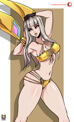 1girls ass bangs big_ass big_lips bikini blunt_bangs bracelet breasts cleavage clothed curvy female female_only front_view gloves gold_bikini gold_lipstick hand_on_head highres human k/da_kai'sa k/da_kai'sa_prestige_edition k/da_series kai'sa kyoffie large_breasts league_of_legends lipstick long_hair midriff multi-strapped_bikini navel nipple_bulge pink_eyes platinum_blonde_hair posing shiny_skin signature skindentation solo standing thick_thighs url very_long_hair watermark rating:Explicit score:47 user:ZiidroC