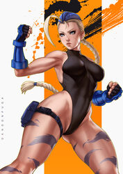 armwear black_bodysuit blonde_hair blue_eyes bodysuit cammy_white dandon_fuga female leotard ponytail street_fighter toned_female rating:Safe score:95 user:CumferStrike