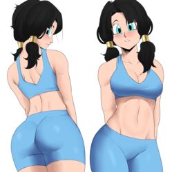 1girls ass black_hair blue_eyes blush cleavage dragon_ball dragon_ball_z echosaber fit_female gym_clothes smile videl rating:Questionable score:283 user:Okido