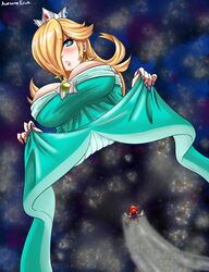 awesomeerix blonde_hair blue_dress blush boots breasts cleavage cosmic_skin dress earrings female flying galaxy giantess gloves hat huge_breasts jewelry large_breasts long_hair mario mario_(series) nintendo overalls princess_rosalina super_mario_galaxy rating:Questionable score:56 user:darkmetaknight9