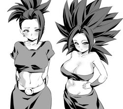 2girls abs black_eyes black_hair breasts caulifla cleavage dragon_ball dragon_ball_super female female_only huge_breasts kale long_hair looking_at_viewer rom saiyan spiky_hair rating:Explicit score:121 user:Bleach_loverwdwefs