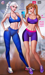 2020 2girls alternate_breast_size anna_(frozen) aroma_sensei artist_name big_breasts blue_eyes bra breasts cleavage clothing disney elsa_(frozen) english_text female female_only frozen_(film) hair hourglass_figure instagram large_breasts long_hair medium_breasts pants posing princess sports_bra sportswear text watermark white_hair white_skin yoga_pants rating:Safe score:536 user:EdgySexy