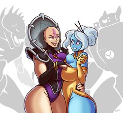 2girls angry bald big_ass big_breasts black_lips black_nails blazbaros blue_skin bracelet breast_grab breast_press breasts bridal_gauntlets chinese_clothes curvy female_only females_only genestealer hand_on_another's_waist high_collar huge_breasts jewelry leotard light-skinned_female light_skin mecha monster multiple_girls muscular_female no_panties purple_eyes red_eyes red_hair seductive_smile sharp_nails sharp_teeth symmetrical_docking tau teasing thick_thighs tyranid warhammer_(franchise) warhammer_40k white_hair wide_hips yuri rating:Questionable score:21 user:Tyderius