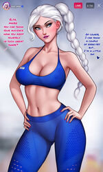 2020 2girls alternate_breast_size anna_(frozen) aroma_sensei artist_name big_breasts blue_eyes bra breasts cleavage clothing disney elsa_(frozen) english_text female female_only frozen_(film) hair hourglass_figure instagram large_breasts long_hair offscreen_female pants posing princess solo solo_female sports_bra sportswear text watermark white_hair white_skin yoga_pants rating:Safe score:457 user:EdgySexy