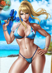 baby_(metroid) beach bikini blonde blonde_hair blue_bikini blue_eyes bracelet cleavage dandon_fuga gun large_breasts long_hair mole_under_mouth navel nintendo samus_aran smiling tagme thong thong_bikini weapon rating:Safe score:175 user:Sonia_Pokemon