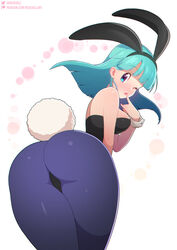 1girls ass ass_focus blue_eyes blue_hair blue_pantyhose breasts bulma_(bunny) bulma_briefs bunny_ears bunny_tail bunnysuit butt_focus dragon_ball dragon_ball_(classic) female female_only finger_to_lips finger_to_mouth leotard light-skinned_female light_skin looking_at_viewer neocoill sideboob simple_background solo tagme teenager wink rating:Questionable score:365 user:CrystalAura