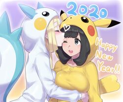 2020 2girls black_hair blonde_hair blush bodysuit breasts closed_eyes cosplay dated eye_contact eyelashes female female_only green_eyes heart human kiss kissing kissing_forehead lillie_(pokemon) mizuumi_(bb) motion_lines new_year nintendo onesie pachirisu_(cosplay) pikachu_(cosplay) pokemon pokemon_(cosplay) pokemon_dppt pokemon_rgby pokemon_sm selene_(pokemon) source_request tail text wholesome yuri rating:Questionable score:179 user:gojose360