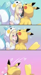 2girls black_hair blonde_hair blush bodysuit cosplay eye_contact eyelashes falling_over female female_only gradient_background green_eyes heart human kiss kissing lillie_(pokemon) mizuumi_(bb) motion_lines nintendo pachirisu_(cosplay) panels pikachu_(cosplay) pokemon pokemon_(cosplay) pokemon_dppt pokemon_rgby pokemon_sm selene_(pokemon) source_request tail trembling wholesome yuri zipper rating:Questionable score:224 user:gojose360