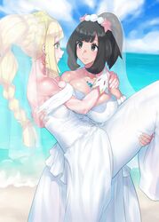 2girls alternate_breast_size black_hair blonde_hair braid breasts bride cute eye_contact female female_only green_eyes grey_eyes holding huge_breasts human human_only large_breasts lifting lifting_leg lifting_person lillie_(pokemon) medium_hair mizuumi_(bb) nintendo pokemon pokemon_sm ponytail selene_(pokemon) source_request veil wedding wedding_dress wholesome wife_and_wife yuri rating:Safe score:309 user:gojose360