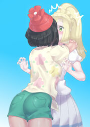 2girls alternate_breast_size alternate_outfit ass blue_background blush breasts evuoaniramu female female_only hat human human_only kissing lillie_(pokemon) medium_breasts mizuumi_(bb) nintendo pokemon pokemon_sm ponytail selene_(pokemon) shirt shorts skirt source_request standing surprise_kiss surprised thick_thighs wide_hips yuri rating:Safe score:180 user:gojose360