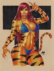 1girls bikini breasts chris_foulkes claws cleavage fangs female female_only lipstick long_hair looking_at_viewer marvel navel open_mouth pose red_hair solo straight_hair stripes tail tiger_girl tiger_humanoid tigra rating:Explicit score:47 user:anon!