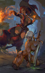 2girls angry armor ass barrel blue_eyes book boots breasts brown_eyes brown_gloves brown_hair capelet city cleavage curvaceous cutesexyrobutts dark-skinned_female dark_elf dark_skin detailed_background dress dungeons_and_dragons female fighting fillia_einhart final_fantasy final_fantasy_xiv fire garter_straps gloves hammer high_resolution highlights hourglass_figure huge_ass huge_breasts knee_boots kneehighs large_breasts lingerie lips long_hair looking_at_another magic medium_hair multiple_girls muscle open_mouth red_boots red_dress red_hair red_highlights scar shoes short_dress short_hair sitting soothing_ruby standing sword tail teeth thick_thighs thighhighs thighs tongue very_high_resolution weapon white_capelet wide_hips rating:Questionable score:313 user:TwinkieLord