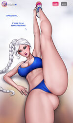 1girls alternate_breast_size aroma_sensei artist_name blue_eyes breasts clothing disney elsa_(frozen) female female_only frozen_(film) hair large_breasts long_hair nipple_bulge partially_visible_vulva pokies princess solo splits sports_bra sportswear spread_legs stretching vertical_splits watermark white_hair rating:Questionable score:434 user:EdgySexy