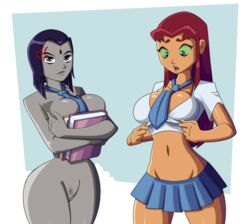 2girls angry_nude_female big_ass big_breasts blue_miniskirt blue_tie breasts censored clothed_female_nude_female clothed_on_nude completely_naked completely_nude completely_nude_female dc dc_comics edit exposed_midriff female female_only forehead_jewel gray_skin grey_skin holding_book large_breasts long_hair medium_hair miniskirt naked naked_female nude nude_female only_one_naked open_mouth pressing_breasts_together purple_hair rachel_roth raven_(dc) ravenravenraven red_hair school_uniform shaved_crotch shaved_pussy starfire surprised surprised_expression teen_titans tie_between_breasts tie_only tight_clothing wide_hips rating:Explicit score:332 user:reee123