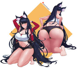 ahri animal_ears ass big_ass black_hair blush cameltoe choker cleavage drogod_(artist) feet fox_ears highleg_panties large_breasts league_of_legends long_hair looking_back midriff riot_games short_shorts shorts source_request sweat whisker_markings wide_hips yellow_eyes rating:Explicit score:269 user:Vendan