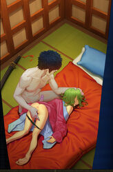 1boy 1boy1girl 1girls anus artist_name ass backpussy barefoot bartolomeobari black_hair black_panties closed_eyes clothed_female_nude_male curly_hair drunk female fingering from_above futon green_eyes green_hair hand_on_another's_head highres indoors japanese_clothes katana kimono male male/female nipples nude one-punch_man open_clothes open_kimono panties panty_pull patreon_username penis pillow pussy scabbard sheathed short_hair sleep_molestation sleeping source_request straight sword tatsumaki top-down_bottom-up twitter_username uncensored underwear weapon zombieman rating:Explicit score:776 user:bot