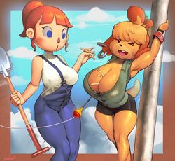 2020 2girls animal_crossing animal_crossing_girl anthro bell breasts cleavage clothes_stuck_on_object clouds curvy earrings erect_nipples female female_only female_protagonist fishing_line french_fries huge_breasts isabelle_(animal_crossing) large_breasts lewdcactus namespace nintendo nipple_bulge nipples overalls pole scrunchie shovel skirt villager_(animal_crossing) wide_hips rating:Questionable score:331 user:justausername