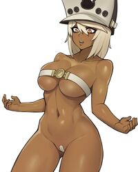 1girls bandaid_on_pussy belt beltbra blonde_hair breasts chest_wraps cleavage covered_nipples dark-skinned_female dark_skin donburikazoku female_only guilty_gear hat large_breasts navel nude open_mouth orange_eyes ramlethal_valentine simple_background solo underboob white_background rating:Explicit score:300 user:LegsAkimbo