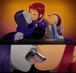 2girls alternate_breast_size ass ass_cleavage ass_up big_breasts breast_press breast_squish breasts butt_crack cleavage clothed dc female female_only french_kiss french_kissing green_eyes grey_skin kissing large_breasts lesbian looking_at_another open_mouth orange_skin purple_eyes purple_hair rachel_roth raven_(dc) ravenravenraven red_hair saliva smooth_skin starfire teen_titans teeth tongue tongue_out yuri rating:Questionable score:275 user:justausername