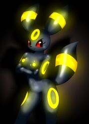 bioluminescence black_body breasts crossed_arms eeveelution elpatrixf female fur furry_ears furry_tail glowing glowing_nipples nintendo nipples pokemon red_eyes solo tail umbreon video_games rating:Questionable score:22 user:Miss_Vulf