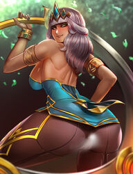 1girls badcompzero big_breasts cameltoe dark-skinned_female dark_skin female female_only fully_clothed large_breasts league_of_legends looking_at_viewer looking_back qiyana_yunalai solo rating:Questionable score:175 user:justausername