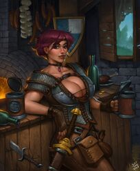 1girls areolae armor artist_signature barbarian biceps big_breasts bottle breasts brown_eyes busty cleavage coin collar curvaceous curvy dagger eyelashes fantasy female female_only fireplace hourglass_figure justsomenoob large_breasts looking_at_viewer makeup mug muscle muscles muscular muscular_female pepe_the_frog purple_hair shield short_hair solo solo_female sword tavern voluptuous warrior wide_hips rating:Explicit score:140 user:Zardauz