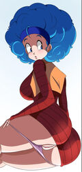 afro big_breasts blue_eyes blue_hair bulma_(afro) bulma_briefs dragon_ball dragon_ball_z earrings female female_only panties pussy solo solo_female solo_focus sonson-sensei rating:Explicit score:152 user:Reizo40