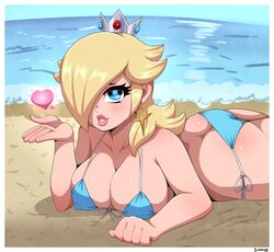 1girls ass ass_cleavage beach bikini bimbo blonde_hair blue_bikini blue_eyes breasts butt_crack cleavage crown curvy earrings erect_nipples female female_only front-tie_bikini hair_over_one_eye heart human human_only jewelry large_ass large_breasts long_hair looking_at_viewer lying mario_(series) nintendo nipple_bulge nipples ocean on_stomach outdoors panties princess_rosalina sand shiny shiny_skin side-tie_bikini simmsy solo string_bikini super_mario_galaxy swimsuit water rating:Questionable score:185 user:justausername