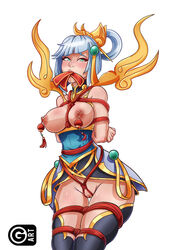 1girls 2020 bondage breasts clothing_aside femsub guaky league_of_legends looking_at_viewer lunar_empress_lux lunar_new_year lunar_revel_series luxanna_crownguard nipple_clamps nipples peril red_envelope riot_games text thigh_gap tied vagina watermark wide_hips year_of_the_dog rating:Explicit score:138 user:ekkusunovastrike