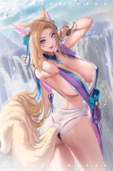 1girls ahri animal_ears ass beautiful_background bell blonde_hair blue_eyes bracelet breasts cleavage ear_tuft female female_only fox fox_ears fox_girl fox_tail hair_bell k/da_all_out_ahri k/da_all_out_series large_breasts league_of_legends long_hair panties riot_games sideboob spirit_blossom_ahri spirit_blossom_series tail tsuki_no_i-min water water_drop wet wet_hair whisker_markings rating:Questionable score:149 user:CalZone