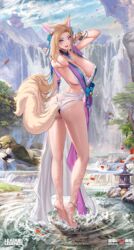 1girls ahri animal_ears ass barefoot beautiful_background bell blonde_hair blue_eyes boobs_and_butt_pose bracelet breasts cleavage ear_tuft female female_only fox fox_ears fox_girl fox_tail hair_bell k/da_all_out_ahri k/da_all_out_series large_breasts league_of_legends long_hair panties pixiv_username portrait riot_games sideboob spirit_blossom_ahri spirit_blossom_series standing tail tsuki_no_i-min water water_drop wet wet_hair whisker_markings rating:Questionable score:218 user:CalZone