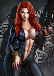 1girls abs assault_rifle athletic athletic_female black_panties black_widow_(marvel) bodysuit cleavage dandon_fuga female female_only graffiti green_eyes gun hourglass_figure human human_only light-skinned_female light_skin long_hair looking_at_viewer marvel marvel_comics natasha_romanoff no_bra panties red_hair rifle smile solo solo_female tight_clothing toned_female unzipped unzipped_bodysuit voluptuous weapon zipper_pull_tab rating:Questionable score:245 user:CumferStrike