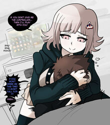 1boy 1girls assertive breast_smother breath_of_the_wild danganronpa danganronpa_2:_goodbye_despair electronics english_text female femdom game_console gentle_femdom hoodie human male mosbles nanami_chiaki naughty_face nintendo_switch nintendo_switch_dock pale_skin smile smothering sofa straight_hair super_danganronpa_2 tagme television text rating:Explicit score:218 user:poppet