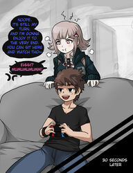 1boy 1girls danganronpa danganronpa_2:_goodbye_despair english_text mosbles nanami_chiaki nintendo_switch smug sofa straight_hair super_danganronpa_2 text rating:Explicit score:109 user:poppet