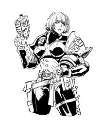  2000_ad adeptus_arbites ammunition_pouch armor belt dredd gloves greyscale gun handgun helmet highres judge_anderson monochrome pauldrons pouch revolver rmulderz short_hair shoulder_armor thick_thighs thighs warhammer_40k weapon  rating:questionable score: user:bot