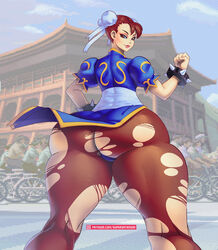 1girls ass ass_expansion chun-li female female_only huge_ass looking_at_viewer looking_back pantyhose solo street_fighter supersatanson thick_thighs torn_clothes torn_pantyhose wide_hips rating:Questionable score:87 user:justausername