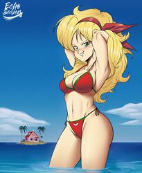 1girls bad_launch bikini blonde_hair blush curvy dragon_ball dragon_ball_(classic) echosaber female female_only green_eyes large_breasts launch lunch_(dragon_ball) posing seaside solo rating:Safe score:195 user:deleted4373