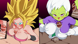 2boys 2girls alien_girl alternate_breast_size armor armpits battle_armor big_breasts big_hair big_penis blonde_hair blue_eyes blush breast_grab breasts caulifla censor_bar censored cheelai clothed_female_nude_male dark-skinned_male dragon_ball dragon_ball_super elastic_armor eye_contact fellatio female gloves green_eyes green_skin half-closed_eyes humanoid interspecies kissing_penis large_breasts light-skinned_female light_skin long_hair looking_at_viewer male_pov nude oral paizuri penis pink_eyes pov purple_background rom saiyan short_hair shounen_jump smile spiky_hair straight super_saiyan sweatband veins veiny_penis white_hair rating:Explicit score:90 user:MegaMoo