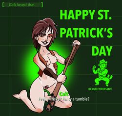 1girls bat breasts cait_(fallout) crueltyfreesmut dialogue fallout fallout_4 feet female female_only freckles green_eyes hair holidays kneeling looking_at_viewer nipple_piercing on_knees open_clothes pale-skinned_female pale_skin pinup pubic_hair pussy red_hair smile solo st._patrick's_day text thick_thighs thigh_gap twitter_username vault_boy_logo wide_hips rating:Explicit score:26 user:dickshivers