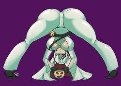 ass belt big_breasts cameltoe dedalo female female_only guilty_gear jack-o'_valentine presenting pumpkin red_eyes simple_background smile solo upside-down white_hair rating:Questionable score:81 user:choustou