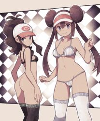 2girls armpits ass back belly black_bra black_legwear black_thighhighs blue_eyes bottomless bra breasts brown_hair clothes clothing female female_only hat hilda_(pokemon) human lamb-oic029 legs_together long_hair looking_at_viewer matching_underwear navel nintendo panties pokemon pokemon_bw pokemon_bw2 ponytail rosa_(pokemon) sideboob small_breasts smile spread_legs standing thigh_gap thighhighs twintails white_bra white_legwear white_panties white_thighhighs wide_hips rating:Questionable score:113 user:justausername