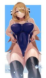 1girls alternate_lighting big_breasts black_eyes black_thighhighs blonde_hair blue_swimsuit breasts clothing cynthia_(pokemon) female female_only game_freak hair hair_ornament hair_over_one_eye hips huge_breasts long_hair mature mature_female mature_woman milf one-piece_swimsuit pokemon pokemon_dppt solo solo_female swimsuit swimwear thick_thighs thighhighs thighs volyz wet wet_thighs rating:Questionable score:65 user:daft_human