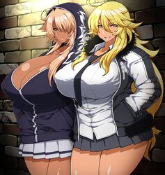 2girls big_breasts blonde_hair gyaru huge_breasts kuro_gyaru kurokagami_ryuuko otogi_tetsurou school_uniform rating:Explicit score:140 user:GyaruGoddess