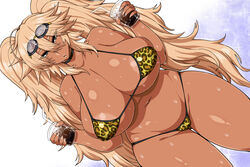 bikini blonde_hair choker dark-skinned_female dark_skin female female_only gyaru huge_breasts kuro_gyaru kurokagami_ryuuko large_breasts looking_at_viewer otogi_tetsurou solo sweat thick_thighs rating:Questionable score:223 user:GyaruGoddess